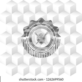 swords crossed with shield icon inside grey emblem with cube white background