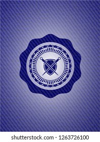 swords crossed with shield icon inside emblem with jean texture
