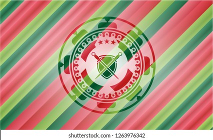 swords crossed with shield icon inside christmas style emblem.