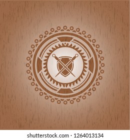 swords crossed with shield icon inside wooden emblem. Retro