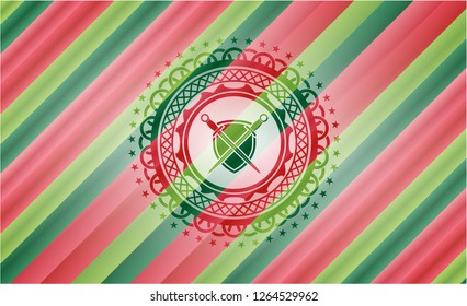 swords crossed with shield icon inside christmas emblem background.