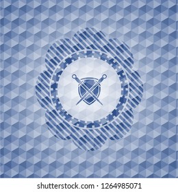 swords crossed with shield icon inside blue emblem or badge with geometric pattern background.