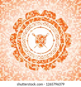 swords crossed with shield icon inside orange tile background illustration. Square geometric mosaic seamless pattern with emblem inside.
