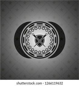 swords crossed with shield icon inside realistic black emblem