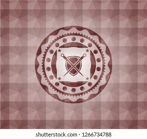swords crossed with shield icon inside red seamless emblem or badge with abstract geometric pattern background.