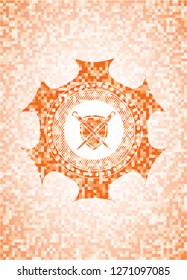 swords crossed with shield icon inside orange mosaic emblem