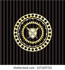 swords crossed with shield icon inside gold emblem