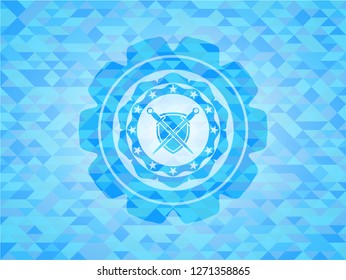 swords crossed with shield icon inside light blue emblem with mosaic ecological style background