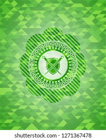 swords crossed with shield icon inside green emblem. Mosaic background
