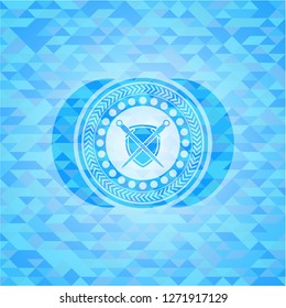 swords crossed with shield icon inside realistic sky blue mosaic emblem