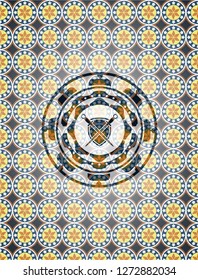 swords crossed with shield icon inside arabic style emblem. Arabesque decoration.