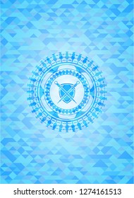 swords crossed with shield icon inside light blue emblem with triangle mosaic background