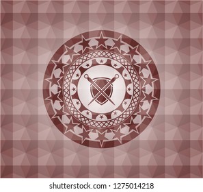 swords crossed with shield icon inside red badge with geometric pattern background. Seamless.