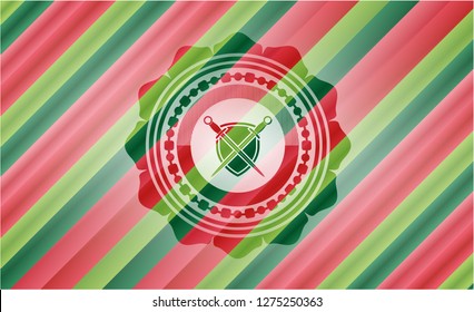 swords crossed with shield icon inside christmas colors style emblem.