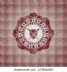 swords crossed with shield icon inside red emblem or badge with abstract geometric polygonal pattern background. Seamless.