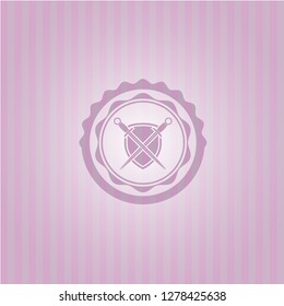  swords crossed with shield icon inside realistic pink emblem