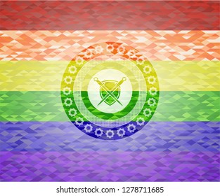 swords crossed with shield icon inside emblem on mosaic background with the colors of the LGBT flag