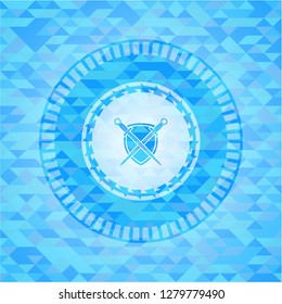 swords crossed with shield icon inside sky blue emblem. Mosaic background