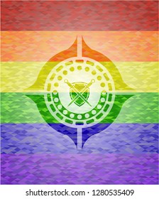 swords crossed with shield icon inside emblem on mosaic background with the colors of the LGBT flag
