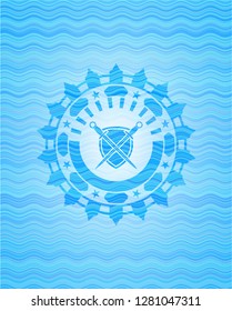 swords crossed with shield icon inside water wave concept badge background.
