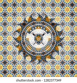 swords crossed with shield icon inside arabesque emblem. arabic decoration.