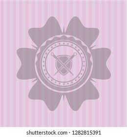 swords crossed with shield icon inside pink emblem. Retro