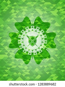 swords crossed with shield icon inside green emblem with mosaic background