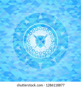 swords crossed with shield icon inside light blue emblem. Mosaic background