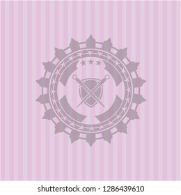 swords crossed with shield icon inside pink emblem