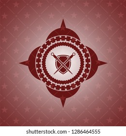 swords crossed with shield icon inside red emblem. Retro