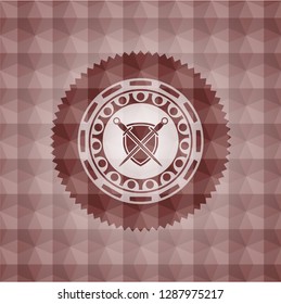 swords crossed with shield icon inside red geometric badge. Seamless.