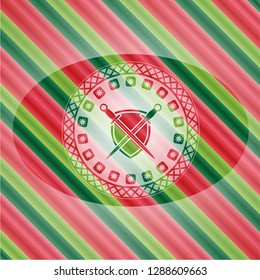 swords crossed with shield icon inside christmas colors style emblem.