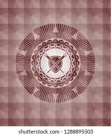 swords crossed with shield icon inside red seamless geometric pattern emblem. Seamless.