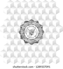 swords crossed with shield icon inside grey emblem with cube white background