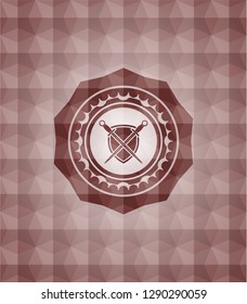 swords crossed with shield icon inside red seamless geometric pattern emblem. Seamless.