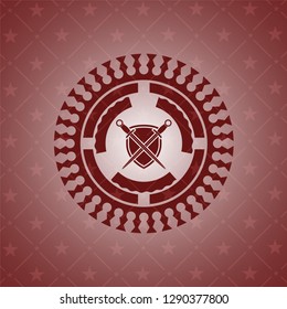 swords crossed with shield icon inside badge with red background