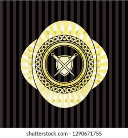swords crossed with shield icon inside gold shiny badge