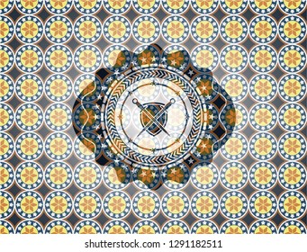 swords crossed with shield icon inside arabesque style badge. arabic decoration.