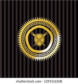 swords crossed with shield icon inside gold shiny emblem