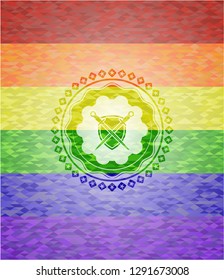 swords crossed with shield icon inside lgbt colors emblem 