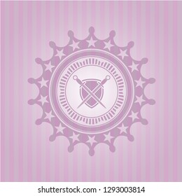 swords crossed with shield icon inside vintage pink emblem