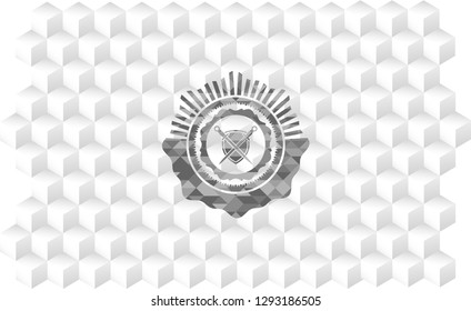 swords crossed with shield icon inside grey emblem with cube white background