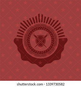 swords crossed with shield icon inside red emblem. Retro