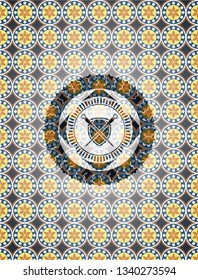 swords crossed with shield icon inside arabesque badge background. arabic decoration.