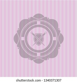 swords crossed with shield icon inside pink emblem. Retro