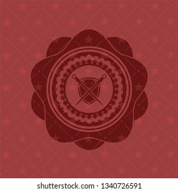 swords crossed with shield icon inside badge with red background