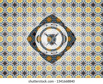 swords crossed with shield icon inside arabesque badge background. arabic decoration.