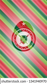 swords crossed with shield icon inside christmas emblem.