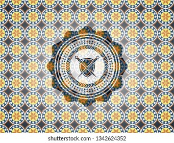 swords crossed with shield icon inside arabesque emblem. arabic decoration.