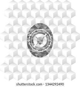 swords crossed with shield icon inside realistic grey emblem with geometric cube white background